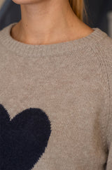 Cashmere Crew Neck Heart Jumper | Oat/Navy