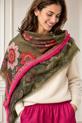 Bold Floral Print Scarf | Khaki/Red/Purple