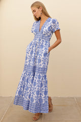 APPROVED Pippa Organic Cotton Short Sleeve Block Print Dress | White/Cobalt - Aspiga