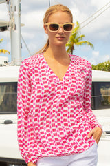 Clea Viscose Crinkle Blouse | Ikat White/Pink