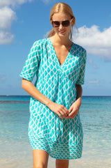 Santorini Cotton Kaftan | White/Sea Green