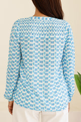 Clea Viscose Crinkle Blouse | Ikat White/Turquoise