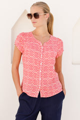 Lisbon Viscose Crinkle Blouse | Flower Tile Coral/Pink
