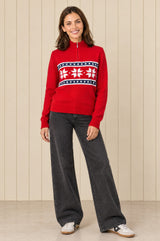 Merino Wool Snowflake Fairisle Quarter Zip Jumper | Red/Navy/White