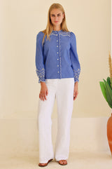 APPROVED * NEEDS WC Embroidered Chambray Shirt| Blue - Aspiga