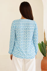 Clea Viscose Crinkle Blouse | Ikat White/Turquoise