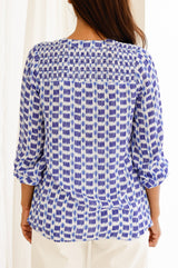 Clea Viscose Crinkle Blouse | Ikat White/Blue