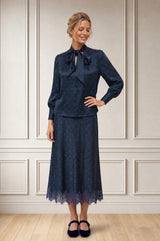 Tie Neck Satin Spot Jacquard Blouse | Navy