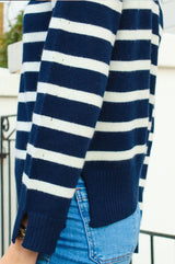 Cashmere Blend Striped Roll Neck Jumper | Navy/Ivory