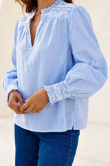 Smocked Stripe Dobby Organic Cotton Blouse | Blue/White - Aspiga