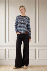 Merino Wool Button Through Stripe Cardigan | Chocolate/Light Blue