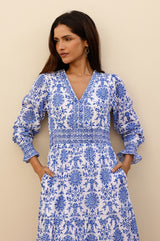 APPROVED Billie Block Print Organic Cotton Dress | White/Cobalt - Aspiga