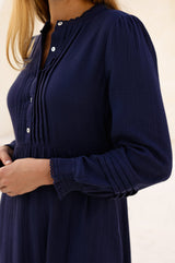 Pin Tuck Organic Cotton Cheesecloth Shirt Dress | Navy - Aspiga