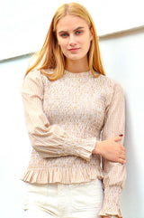 Liyana Seercucker Smocked Top | Brown/White