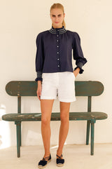 Embroidered Smocked Blouse | Navy/White