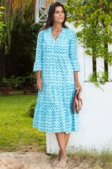 Hayden Organic Cotton Dress | Ikat white/turquoise