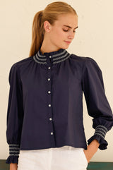 Embroidered Smocked Blouse | Navy/White