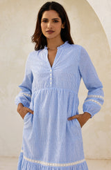 APPROVED Sadie Stripe Dobby Organic Cotton Dress | Blue/White - Aspiga