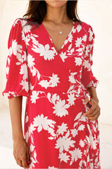 Ella EcoVero™ 3/4 Length Sleeve Wrap Dress | Red/Cream