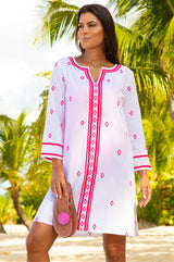 APPROVED Guadalupe Embroidered Organic Cotton Short Tunic | White/Pink - Aspiga