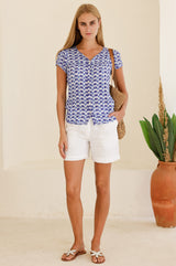 Lisbon Viscose Crinkle Blouse | Ikat White/Blue