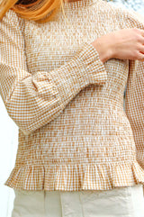 Liyana Seercucker Smocked Top | Brown/White