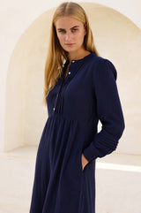 Pin Tuck Organic Cotton Cheesecloth Shirt Dress | Navy - Aspiga