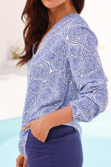 APPROVED Clea Viscose Crinkle Blouse | Circle White/Blue - Aspiga