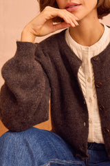 Alpaca Blend Puff Sleeve Cardigan | Chocolate