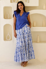APPROVED Becks Organic Cotton Block Print Skirt | Geo White/Cobalt - Aspiga