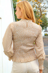 Liyana Seercucker Smocked Top | Brown/White