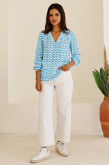 Clea Viscose Crinkle Blouse | Ikat White/Turquoise