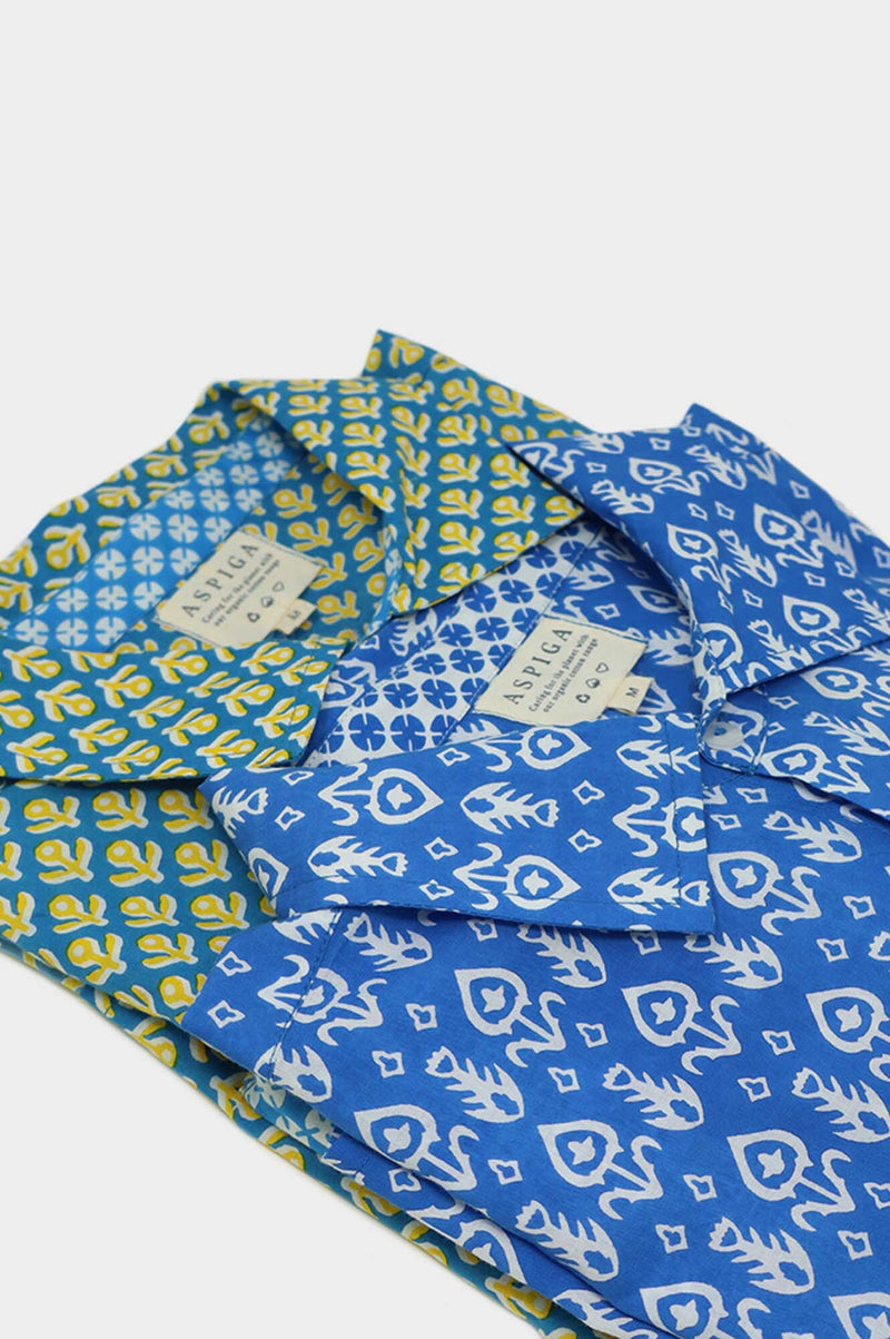 Men's Printed Cotton Shirt | Bud Stamp Blue/Yellow