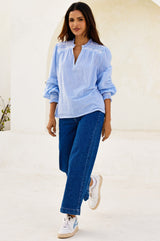 Smocked Stripe Dobby Organic Cotton Blouse | Blue/White - Aspiga