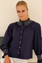 Embroidered Smocked Blouse | Navy/White