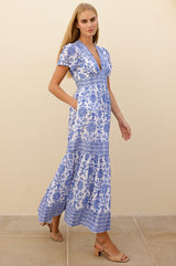 APPROVED Pippa Organic Cotton Short Sleeve Block Print Dress | White/Cobalt - Aspiga