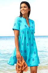 India Embroidered Organic Cotton Dress | Turquoise/Cobalt