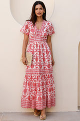 Pippa Organic Cotton Short Sleeve Block Print Dress | Red - Aspiga