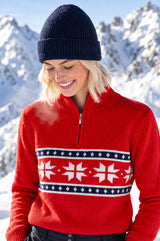 Merino Wool Snowflake Fairisle Quarter Zip Jumper | Red/Navy/White
