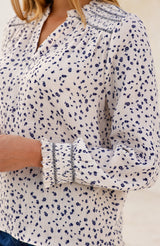Printed Smocked Organic Cotton Cheesecloth Blouse | Ecru/Navy