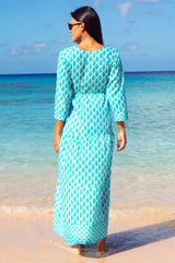 Mykonos Maxi Dress | Palm White/Turquoise - Aspiga