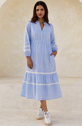 APPROVED Sadie Stripe Dobby Organic Cotton Dress | Blue/White - Aspiga