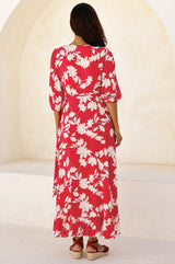 Ella EcoVero™ 3/4 Length Sleeve Wrap Dress | Red/Cream