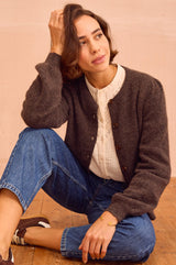 Alpaca Blend Puff Sleeve Cardigan | Chocolate