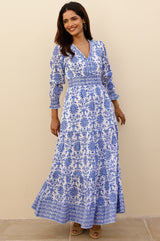 APPROVED Billie Block Print Organic Cotton Dress | White/Cobalt - Aspiga