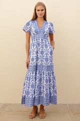 APPROVED Pippa Organic Cotton Short Sleeve Block Print Dress | White/Cobalt - Aspiga