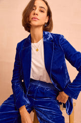Asha Velvet Single Breasted Blazer | Azure Blue