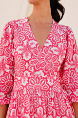 Annie Maxi Organic Cotton Dress | Lace Floral White/Pink