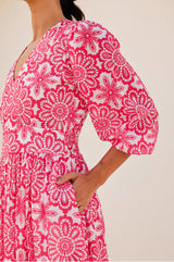 Annie Maxi Organic Cotton Dress | Lace Floral White/Pink