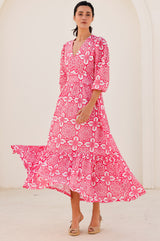 Annie Maxi Organic Cotton Dress | Lace Floral White/Pink